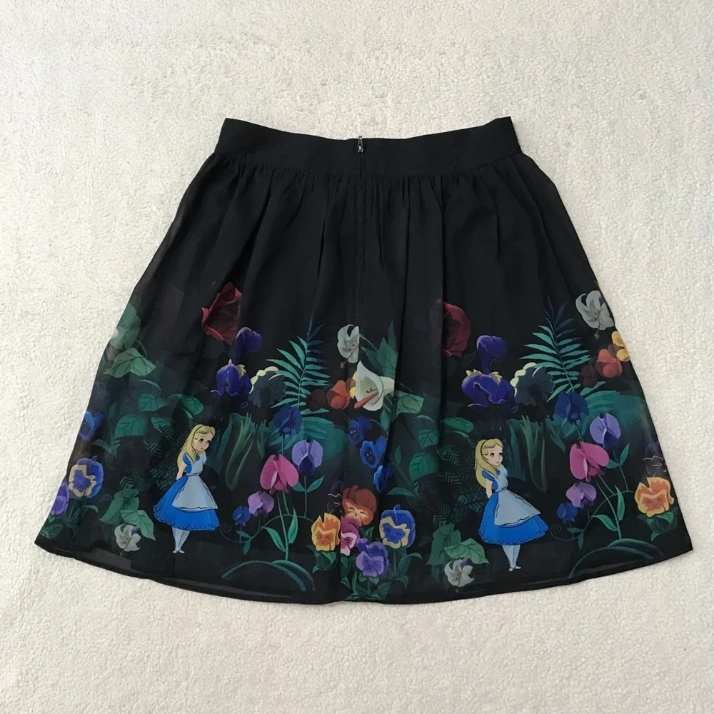 Disney Black Floral Alice in Wonderland A-Line Skirt - Picture 11 of 14